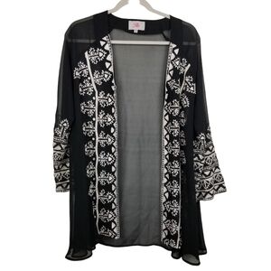 Roja Black White Embroidered Southwestern Aztec Kimono Cardigan Size XS